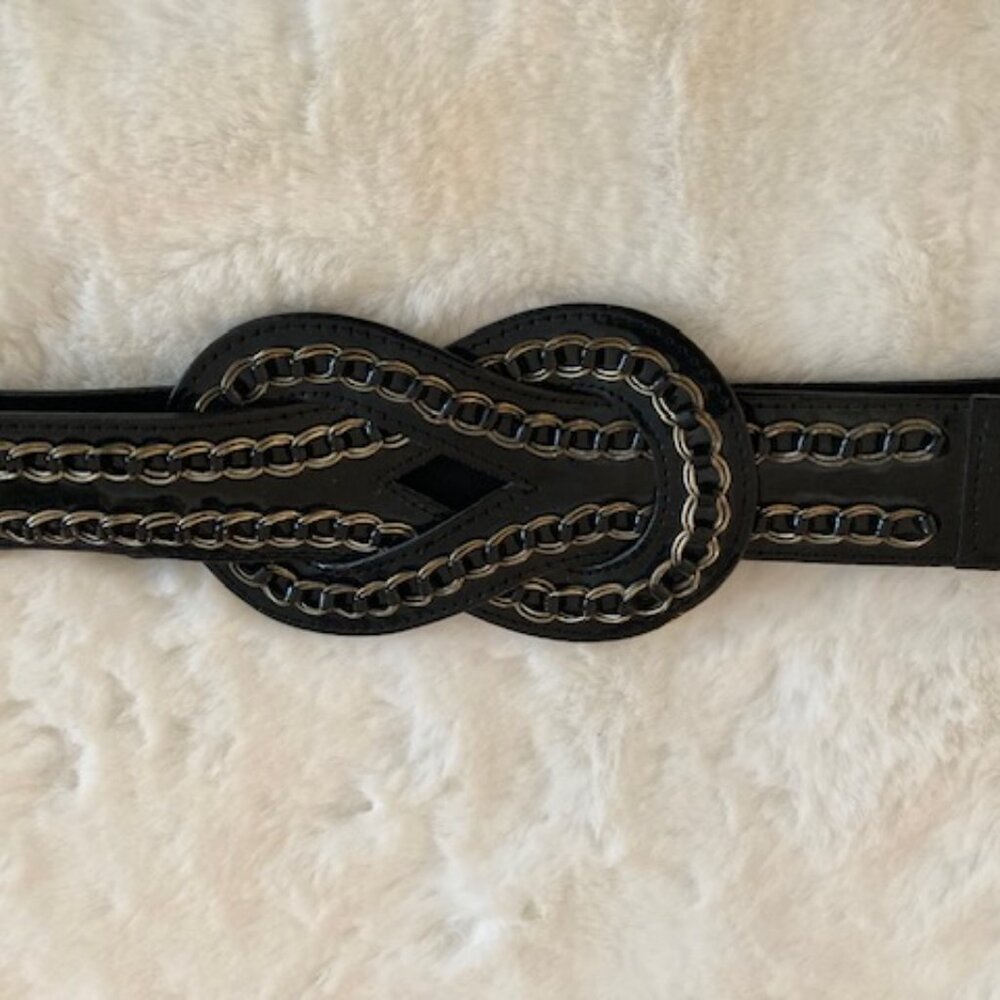 Black Patent & Gold Chain Stretch Belt S/M Adjustable Statement Waist Belt NEW